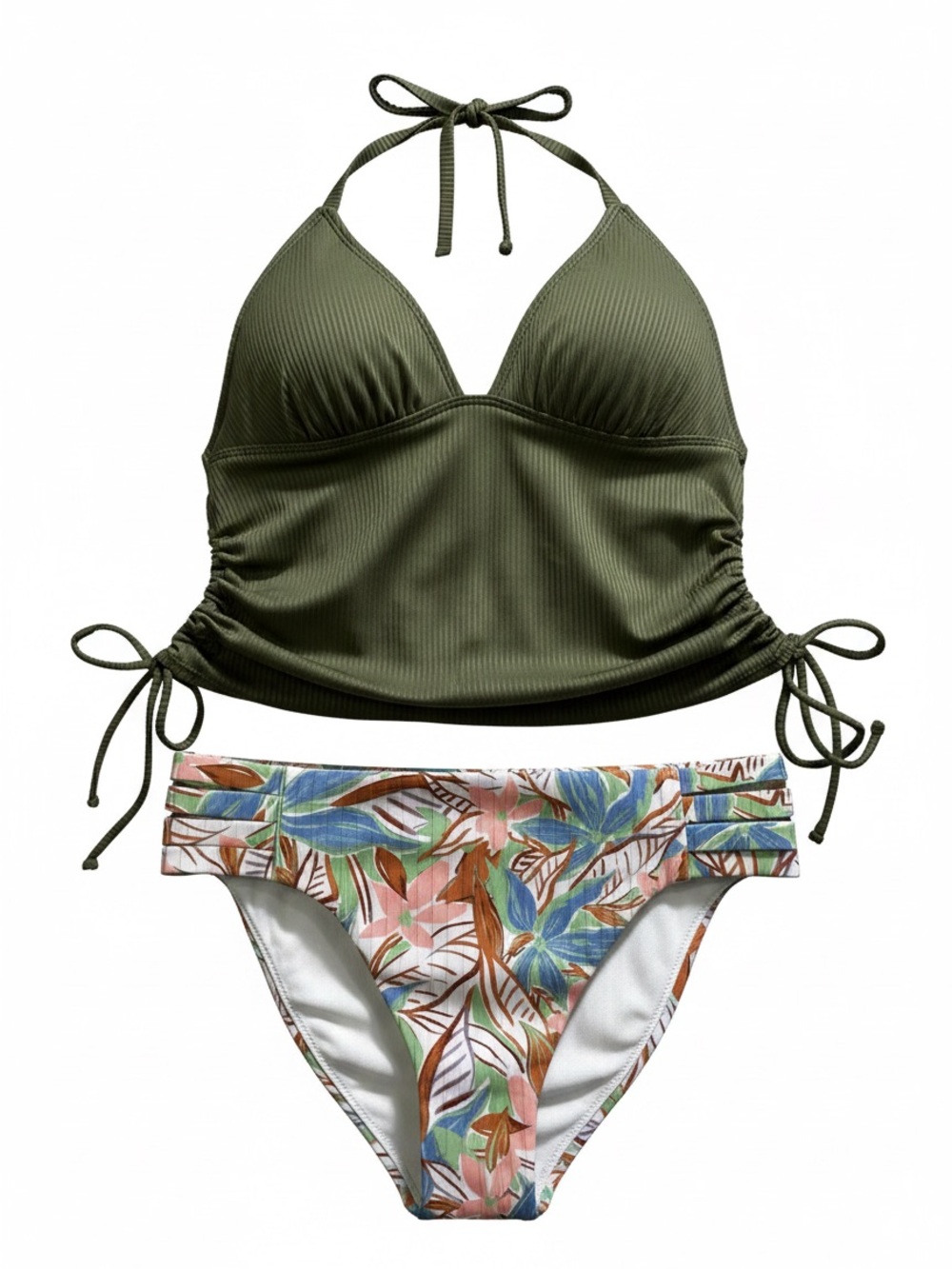 Roxy x Salt + Cove Mixed Bikini Set tankini olive green tropical bottom Large